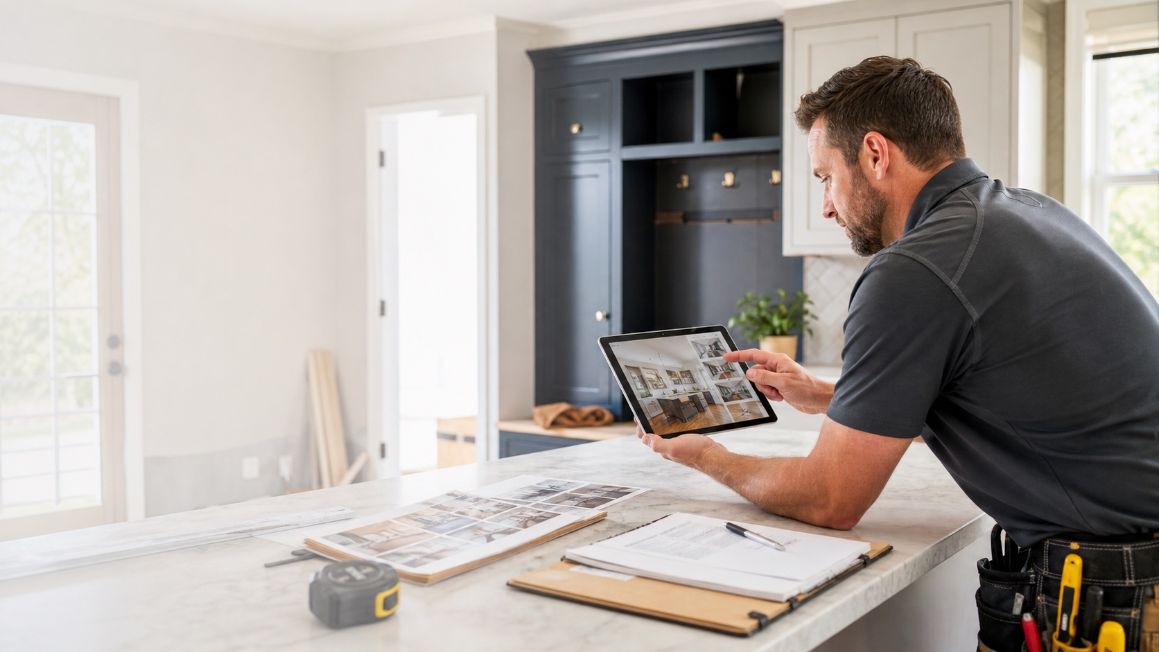 Contractor reviewing project photos while preparing a company profile.