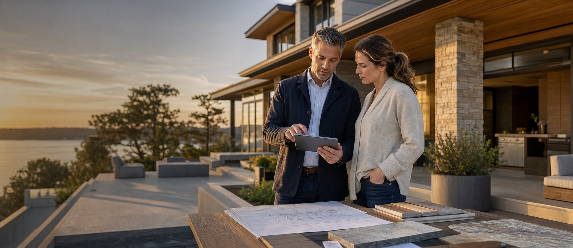 Homeowner and project advisor reviewing plans outside a modern home.