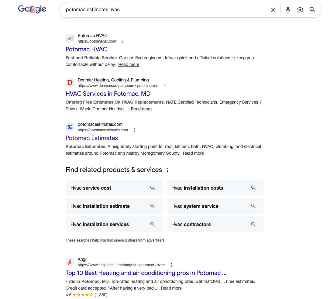 Google search results for Potomac Estimates HVAC showing Potomac Estimates among local results.